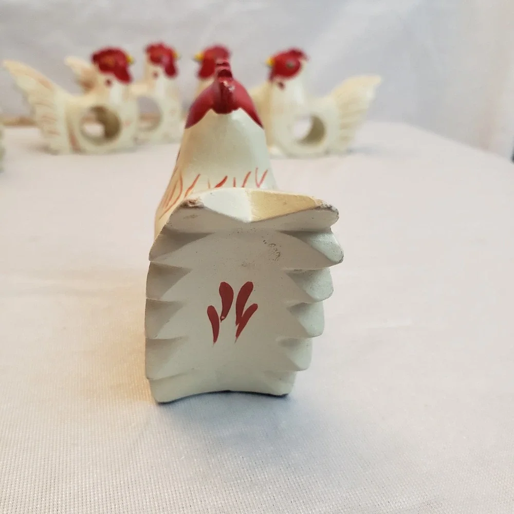 VTG Set 6 Chicken Napkin‎ Rings Farmhouse Cottage Wood Folk Art Hand Painted
